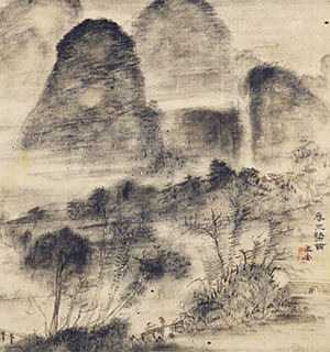 春山染雨図